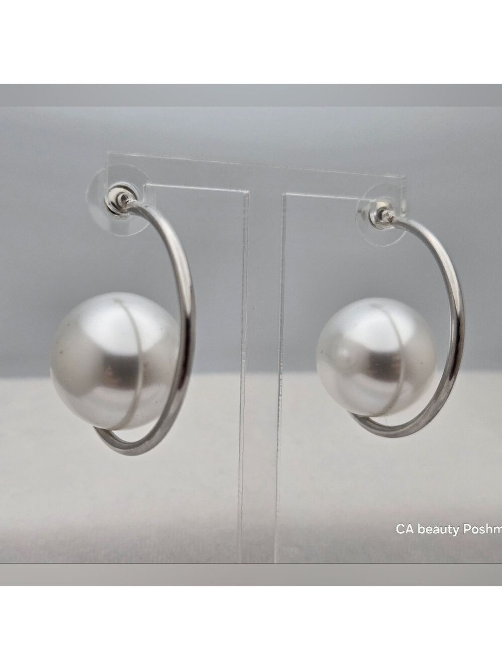 Modern Sterling Silver Hoop Earrings w/Faux Pearl Minimalist Celestial